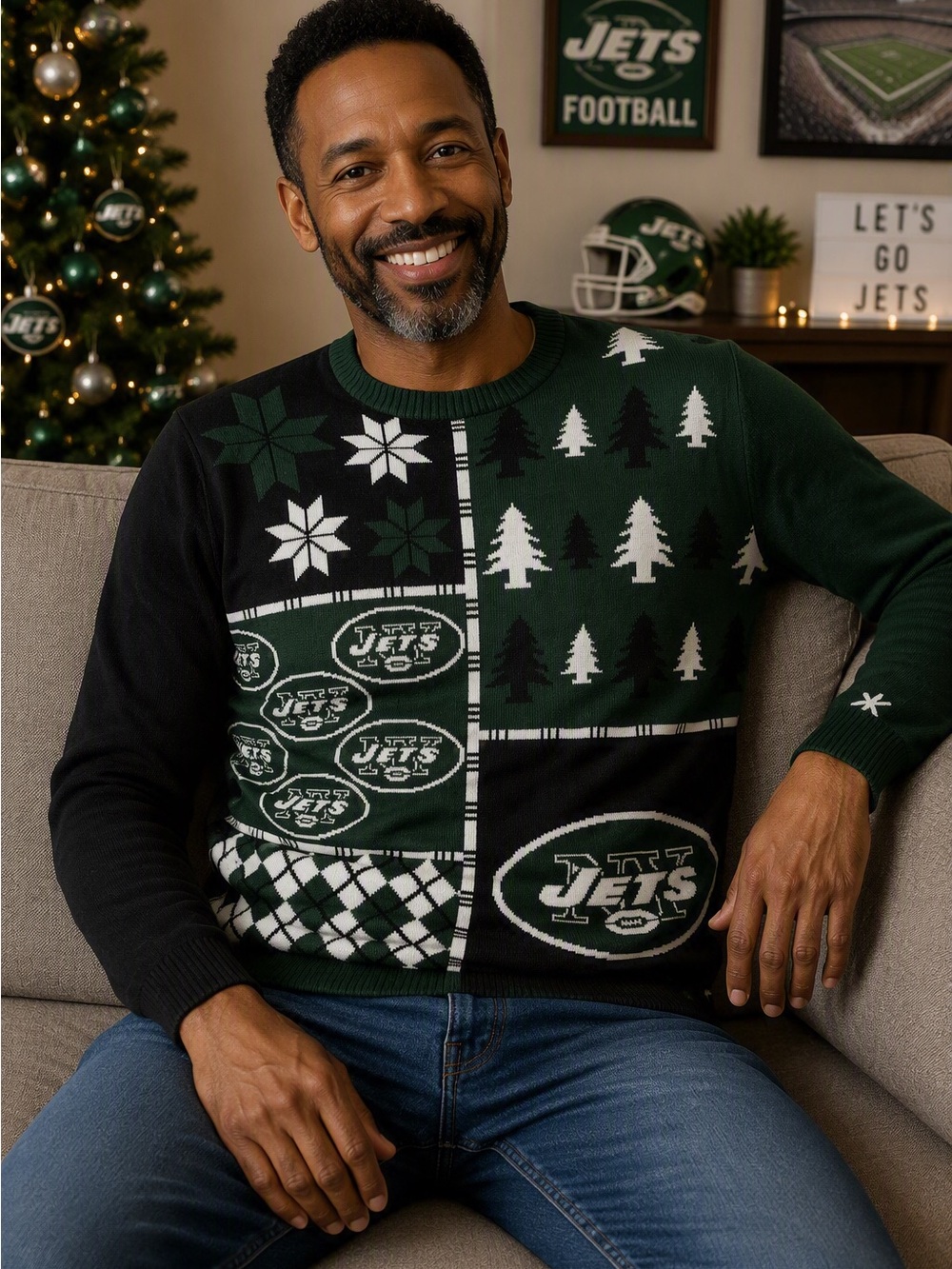 New York Jets Green and Black Men's Crewneck Sweater - Size M